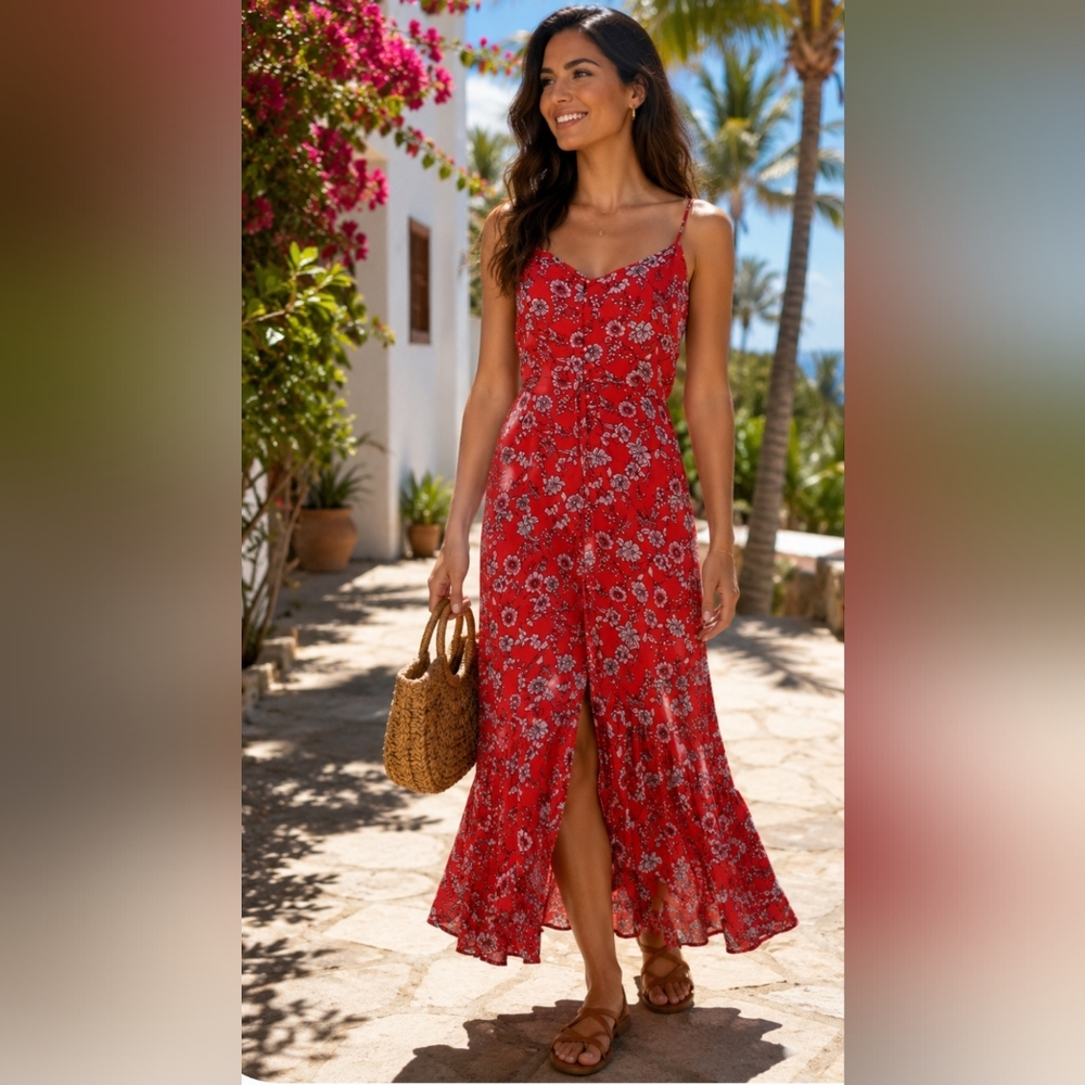 NANETTE Red Floral Maxi Dress Sz 6 Straps Sleveless